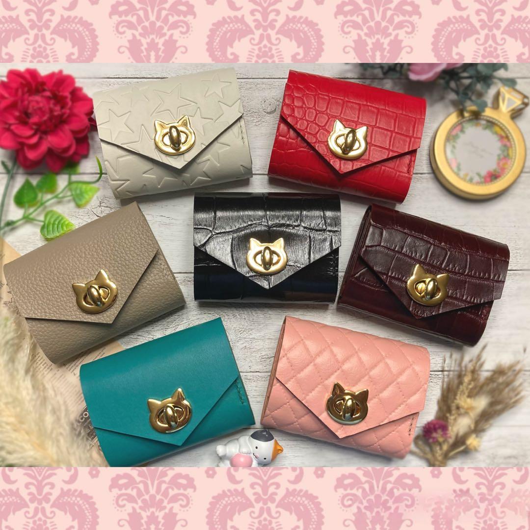 ❤【新作♪】【可愛さ×高級感♪】お洒落可愛い猫のコンパクトミニ財布♪グレージュ