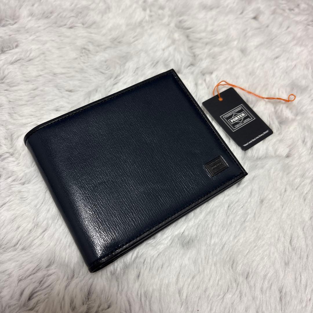 ポーター　プリュム　二つ折り財布　ロゴプレート　ネイビー　レザー