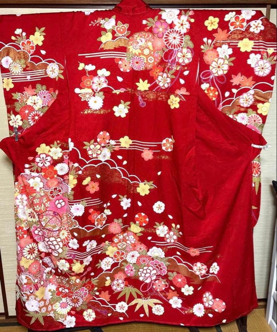 ミッキーマウス 赤 花々 橙 振袖 身丈156