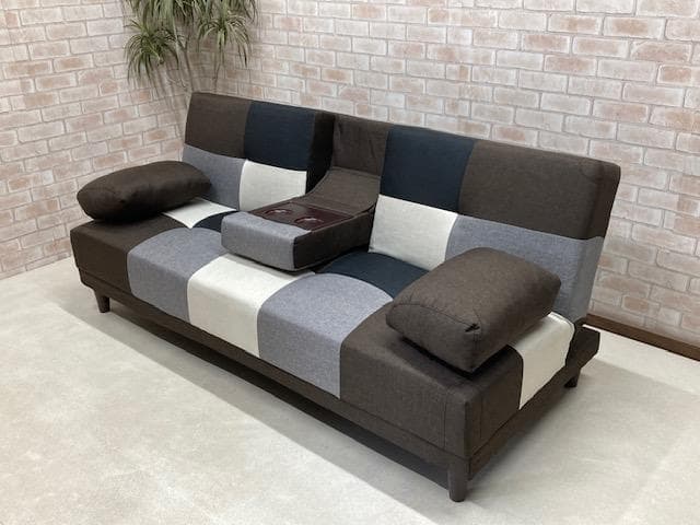 ソファーベッド　小テーブル付き　パッチワーク柄　ブラウンMIX　ソファ　新品