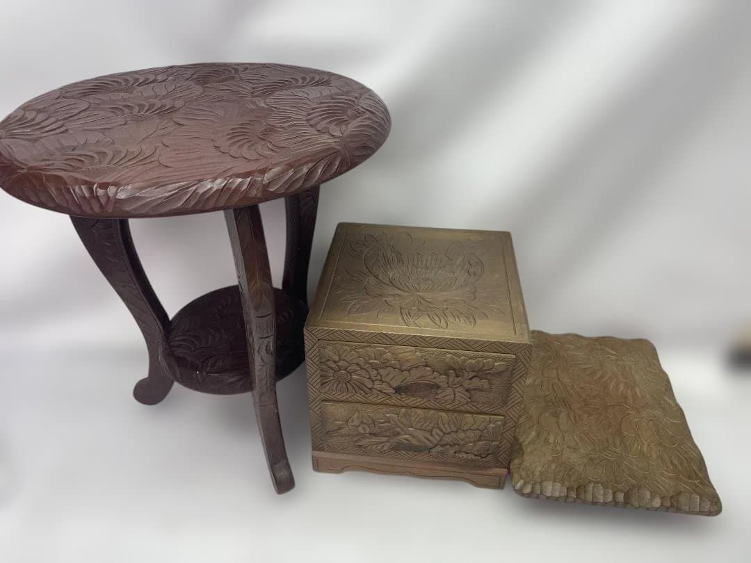 日光彫　スツール　サイドテーブル　花台　小物入れ　ミニテーブルセット