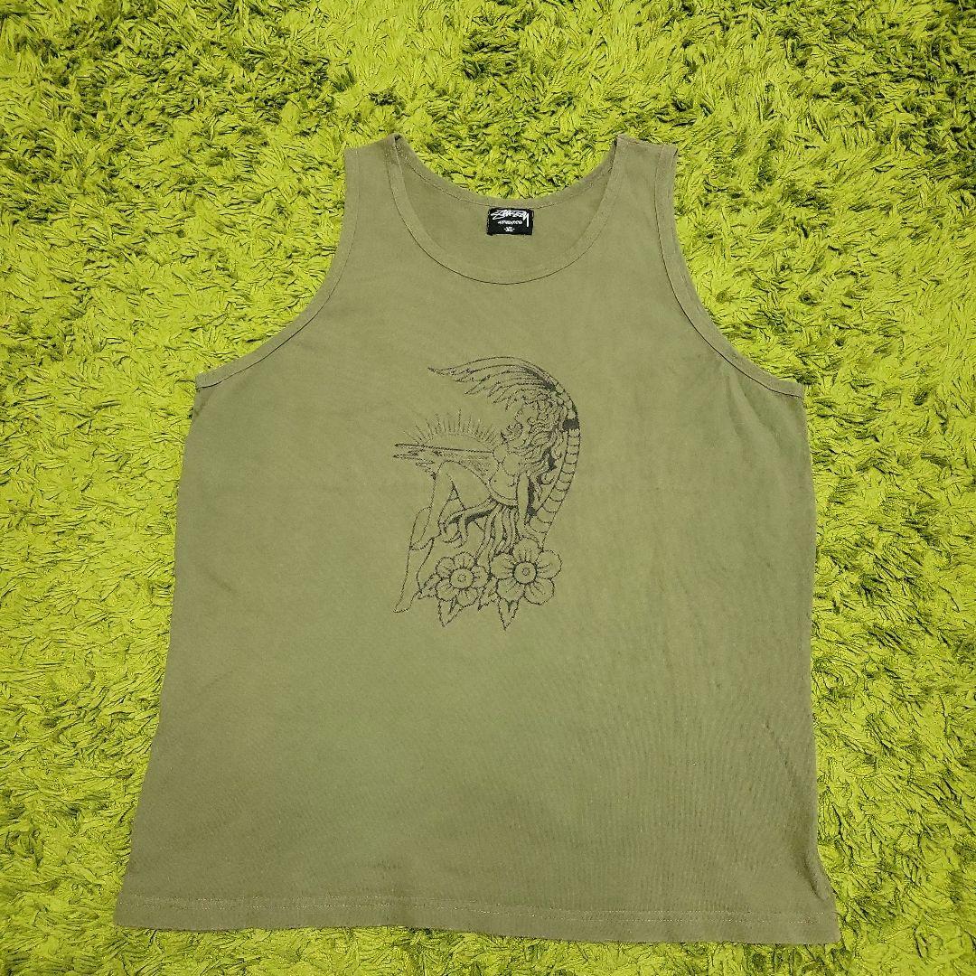 STUSSY タンクトップ カーキ 染み込みプリント USA製 ビンテージ