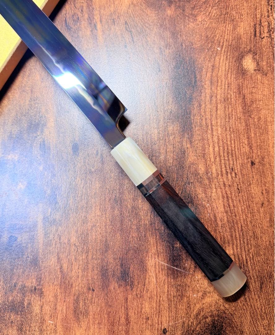 玄海正国 蛸引 先丸　水本焼 9寸 全鏡面　保証書あり　紫檀白水牛八角銀巻柄