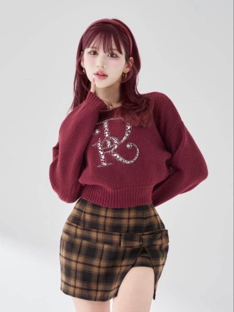 DRビジューボリュームリブニットトップス　ダーリッチ レッド