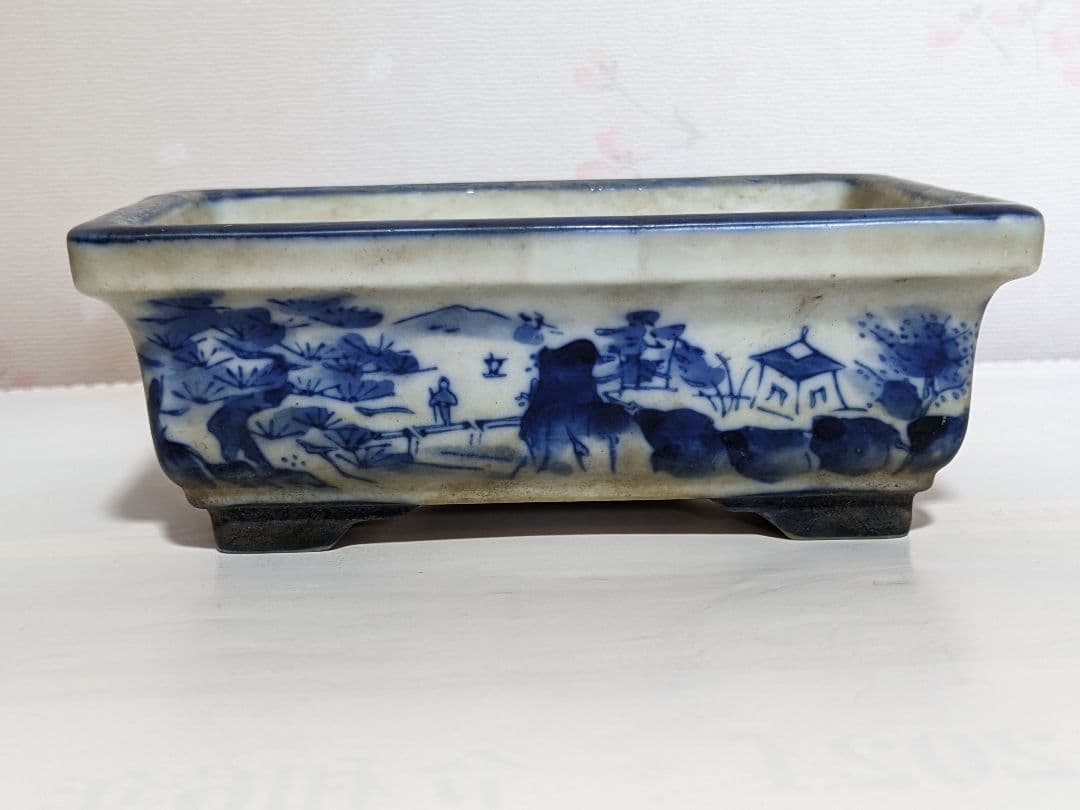♦染付山水図 長方角鉢 小品盆栽鉢 ミニ盆栽鉢 作家物 美術品 工芸品 骨董品