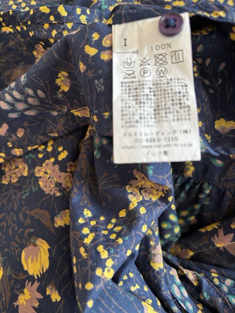 美品☆ SOIL コットン フラワープリント バンドカラー ギャザー シャツ