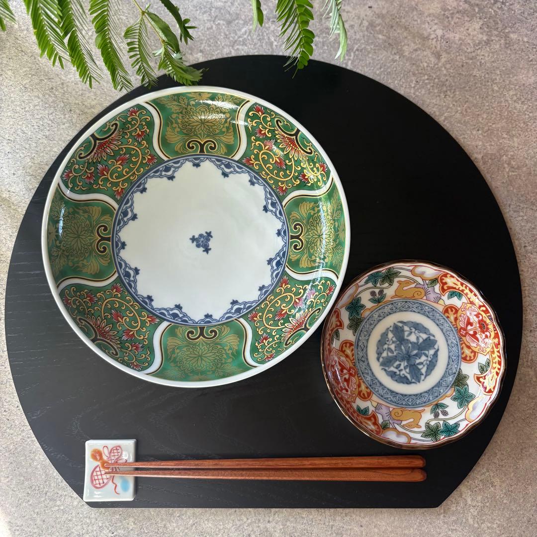 献上古伊万里　大皿　５枚セット　緑　グリーン　和食器　多用皿　金彩　豪華　和皿