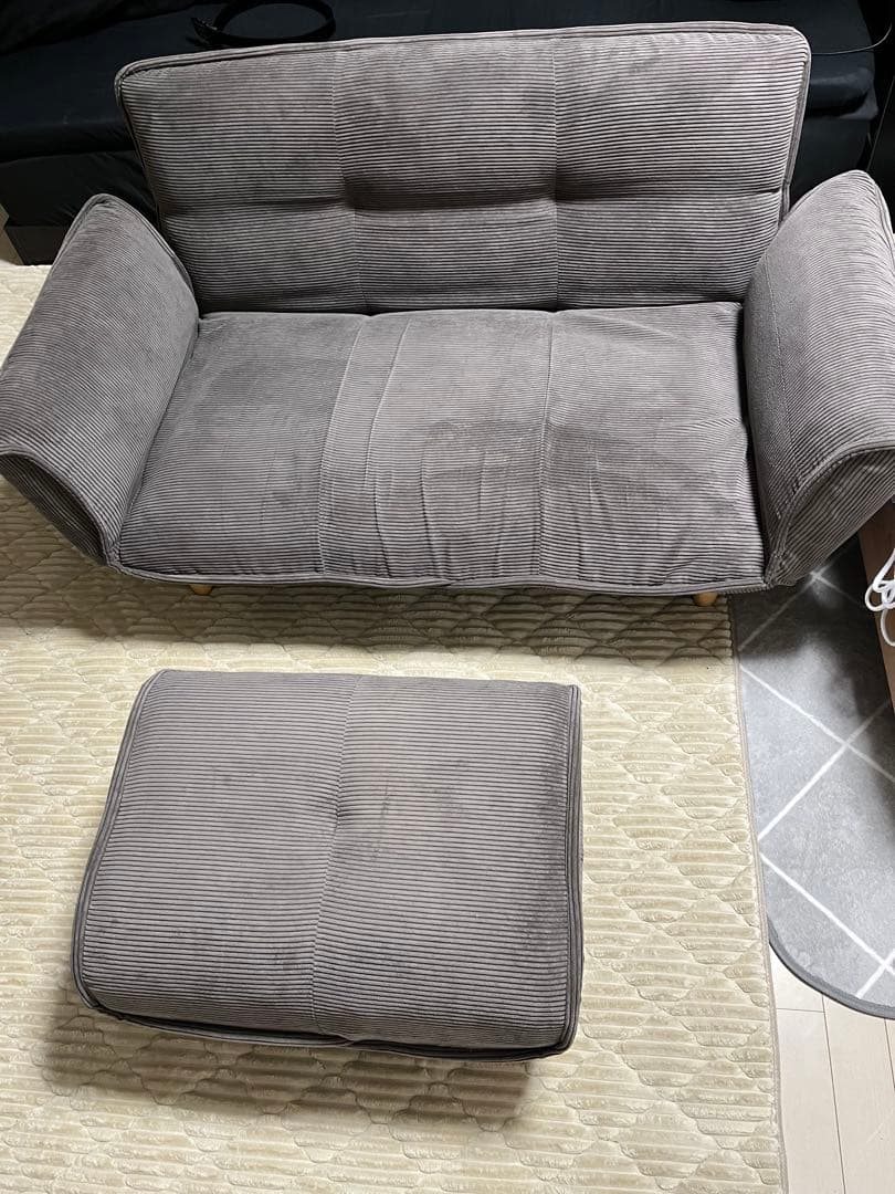 日本製 リクライニング2人掛けソファ+オットマン（チャコールグレー）