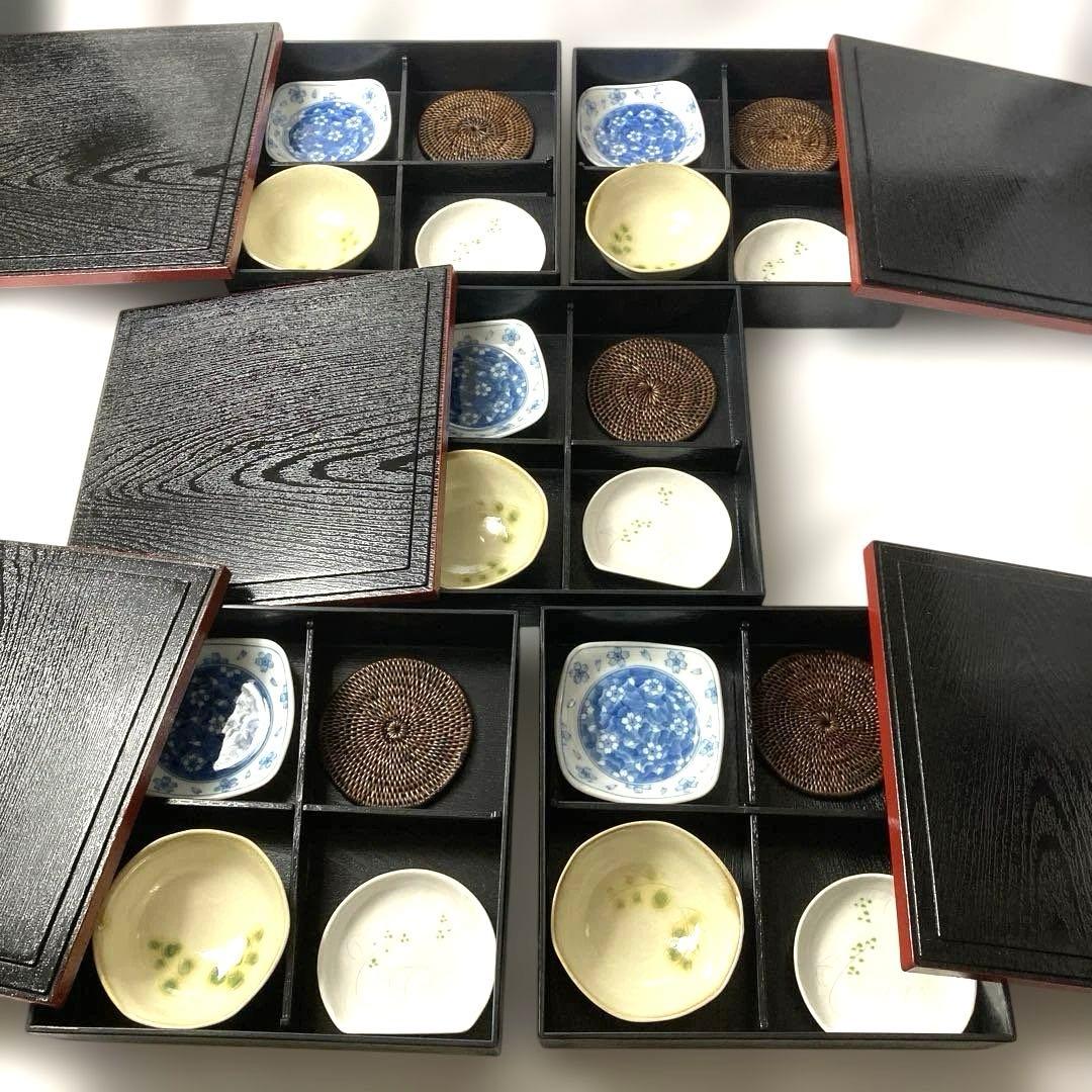 -食器セット 8.5寸　木目松花堂　黒渕朱 4つ仕切り箱 正月　祝膳　5セット