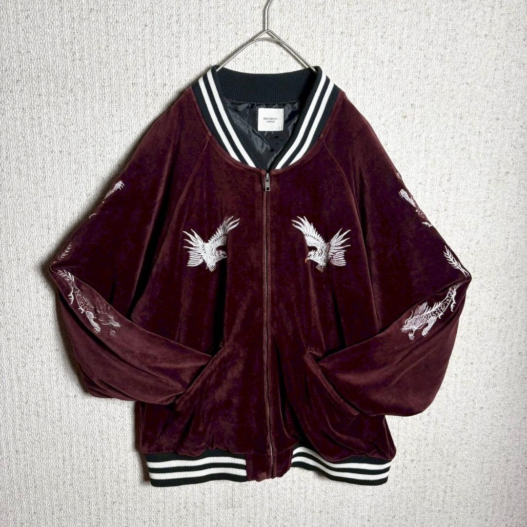 【別珍】スカジャン　ベロア　ジャケット　袖刺繍　日本地図　富士山　鷹　龍　L