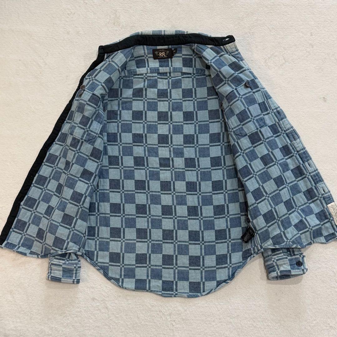 ダブルアールエル ラルフローレン 肉厚デニムシャツ チェック パッチワーク 青系