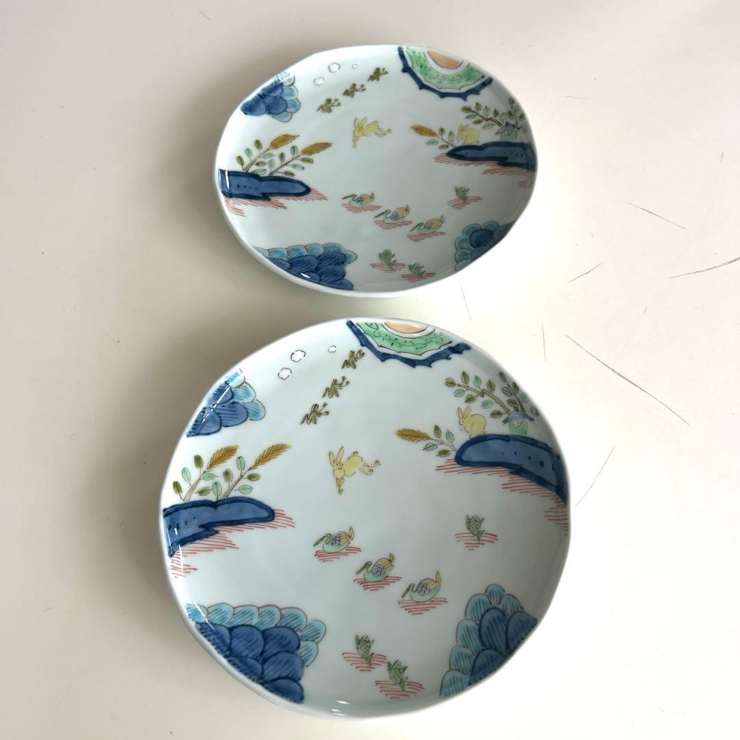 藍水　うさぎ柄　中皿　二枚