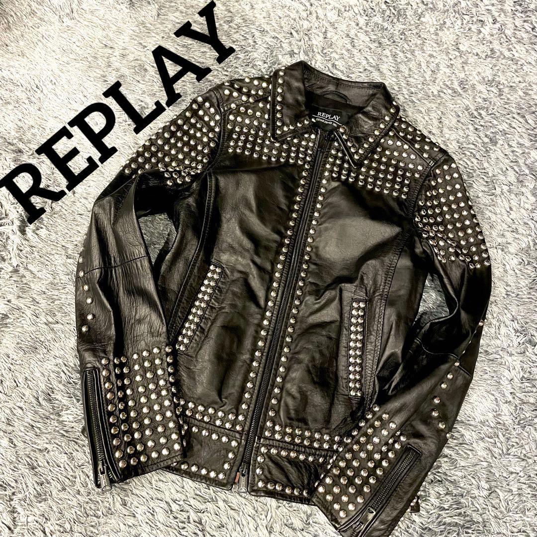 【美品】REPLAY レザージャケット スタッズ ライダース 黒 羊革 伊製