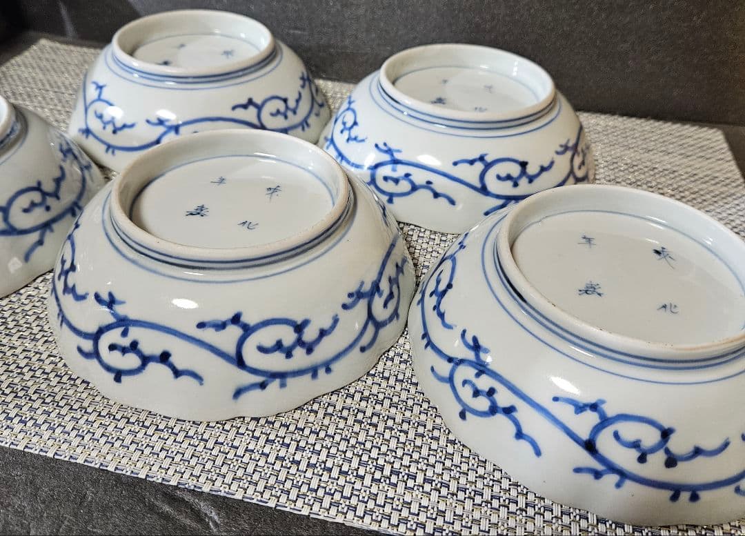 江戸時代後期　古伊万里　染付　たこ唐草 文様　なます皿　膾皿　深皿　5客揃い