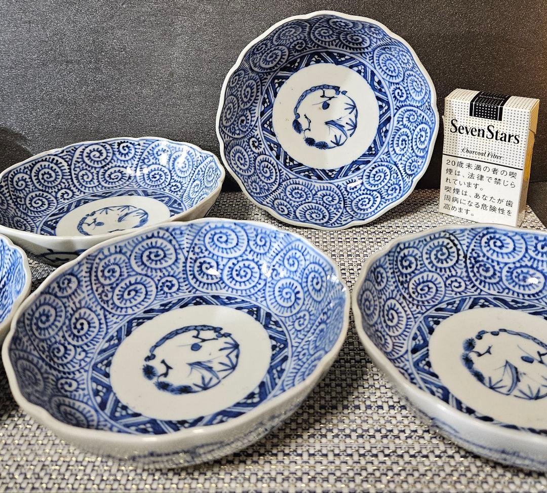 江戸時代後期　古伊万里　染付　たこ唐草 文様　なます皿　膾皿　深皿　5客揃い