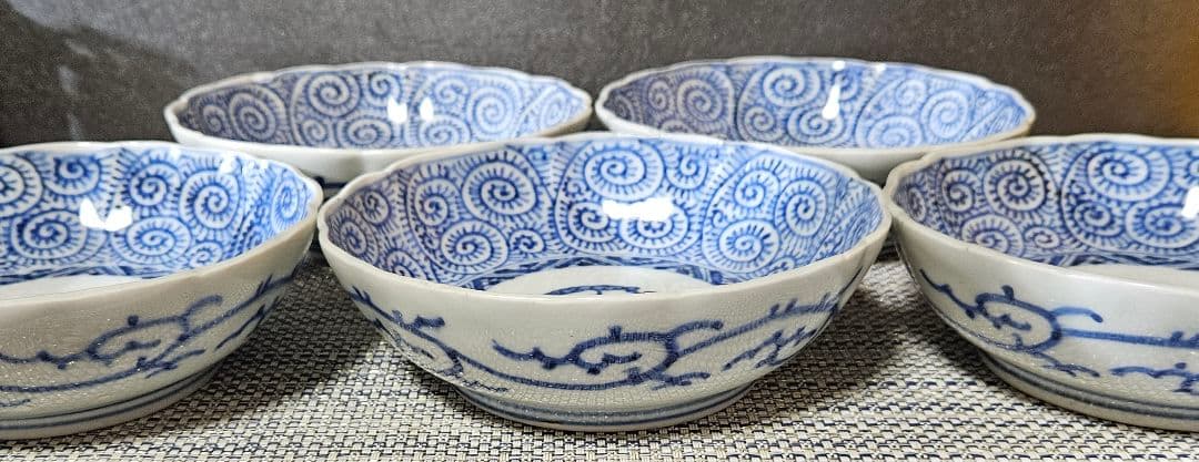 江戸時代後期　古伊万里　染付　たこ唐草 文様　なます皿　膾皿　深皿　5客揃い