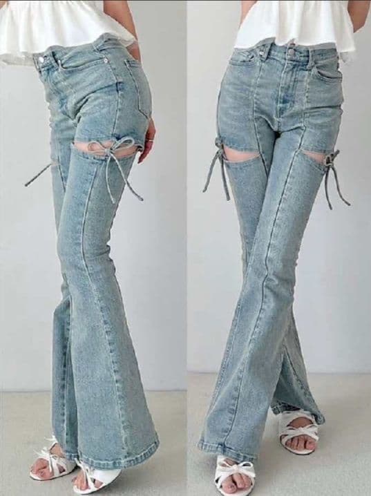 即日発送！RESEXXY カットアウトリボンデニムパンツ　アイスブルー