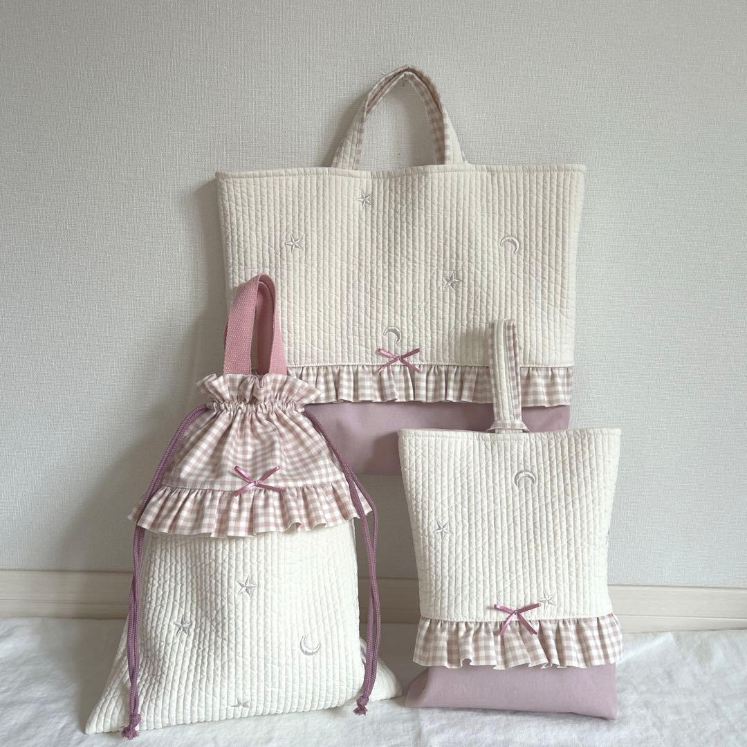 入園入学3点セット　 【月と星ヌビ×くすみピンク】　女の子　手提げ　手提げ袋