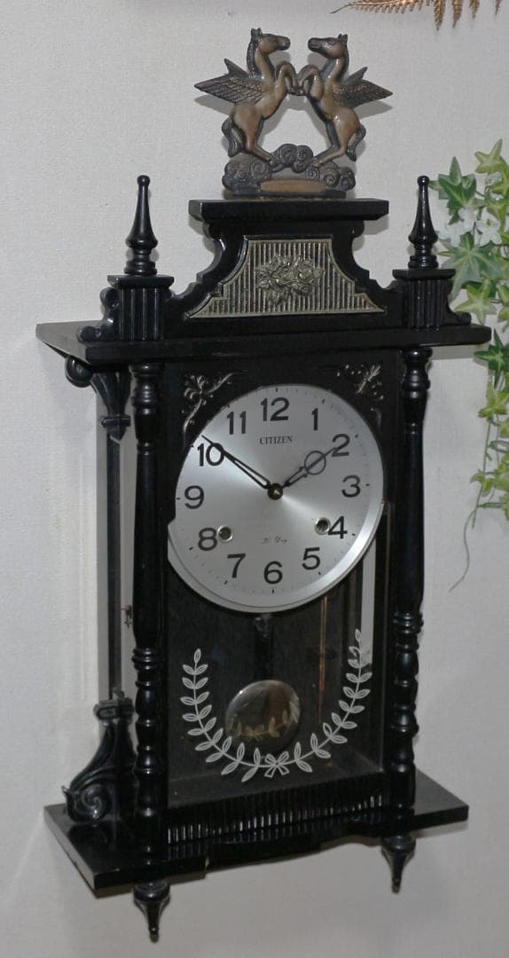 可動品 中型 シチズン 黒塗り 馬飾り 擬宝珠付き 柱時計 掛時計 30日巻き
