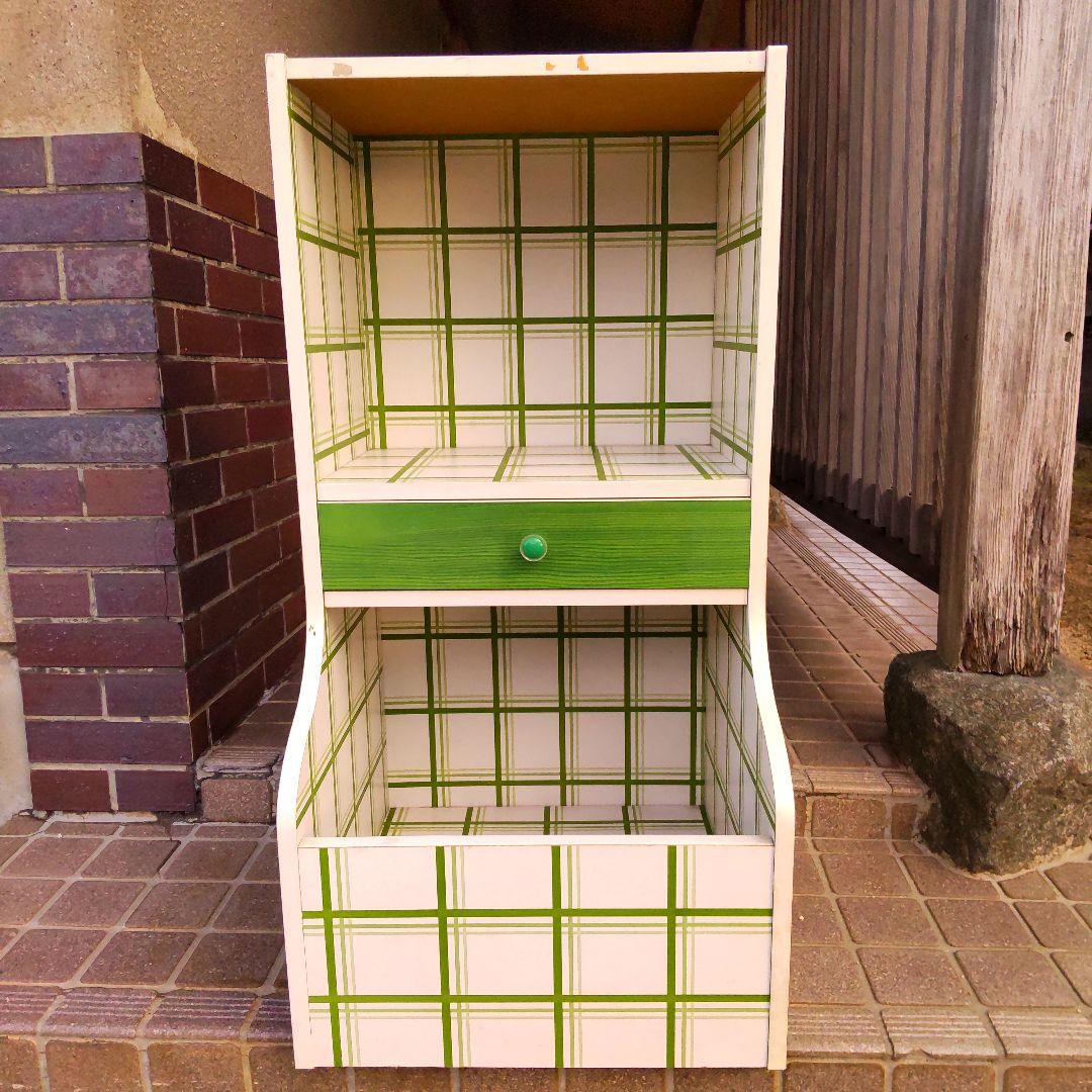 グ*ル様 昭和レトロ 飾り棚 グリーン 緑 チェスト ポップ チェック オープン