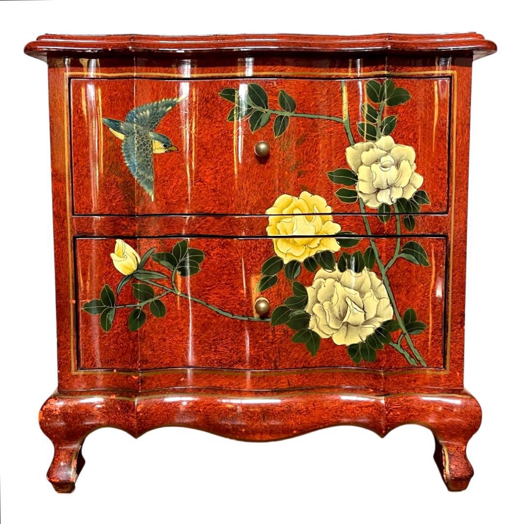 【ヴィンテージ・キャビネット】40X56X58 赤花と鳥の装飾箪笥　アジアン家具