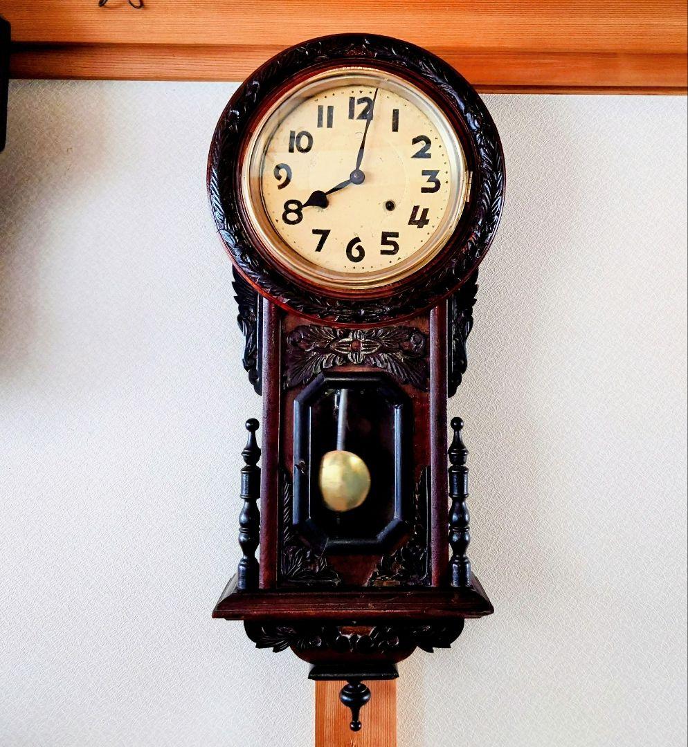 〈稼働・美品〉横浜エムズイ商会　鎌倉彫り装飾ひまわり型ゼンマイ振り子時計　古時計