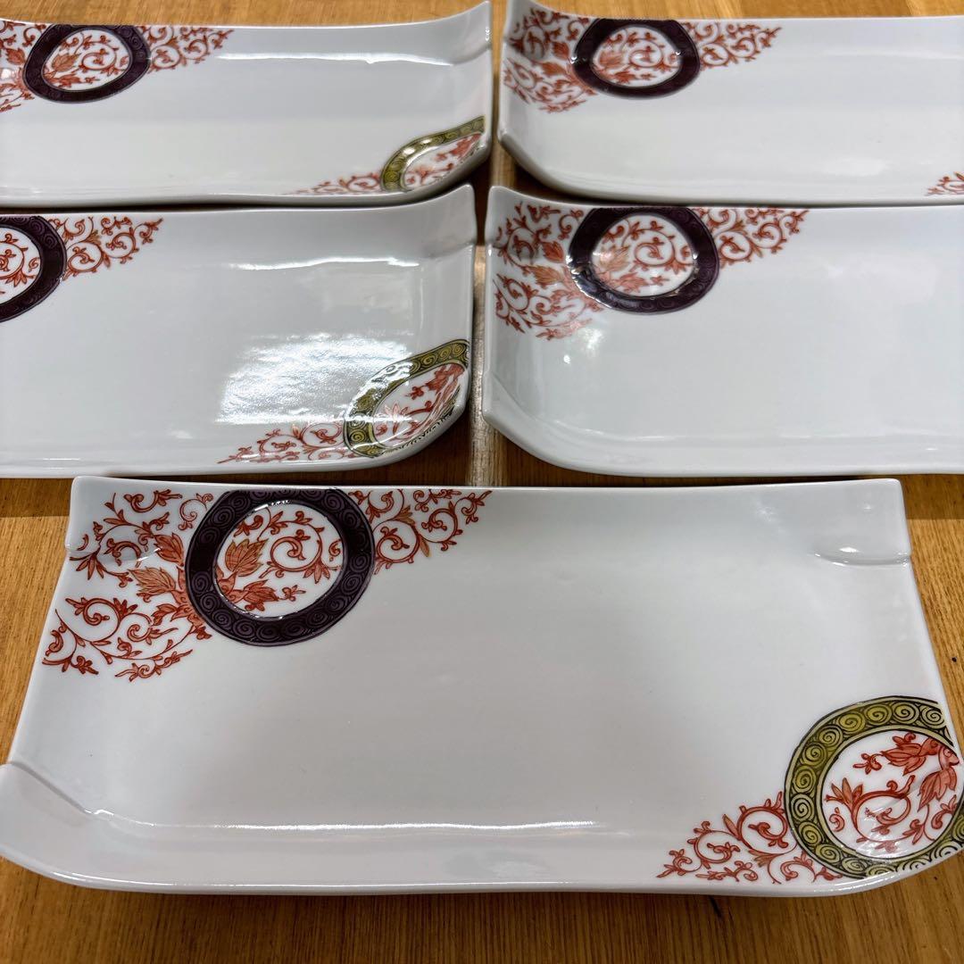 九谷焼　銀泉窯　丸紋唐草　7.8号皿揃　長皿　焼物皿　角皿　横幅23.5cm