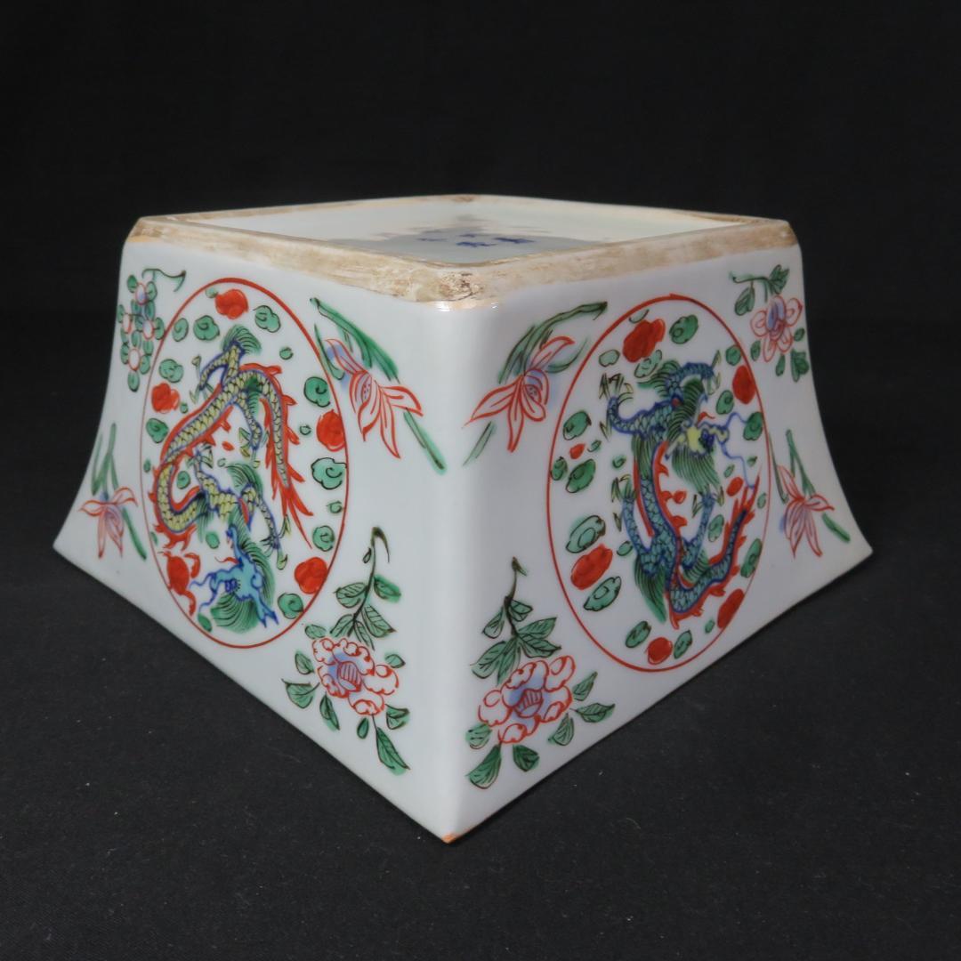 水指 色絵付け 角型 大明壽靖年製 龍 江戸期 中国骨董 赤絵