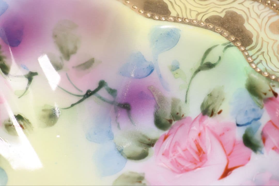 【CM297】オールドノリタケ 花 皿 薔薇 パンジー 金彩 イエロー 黄色