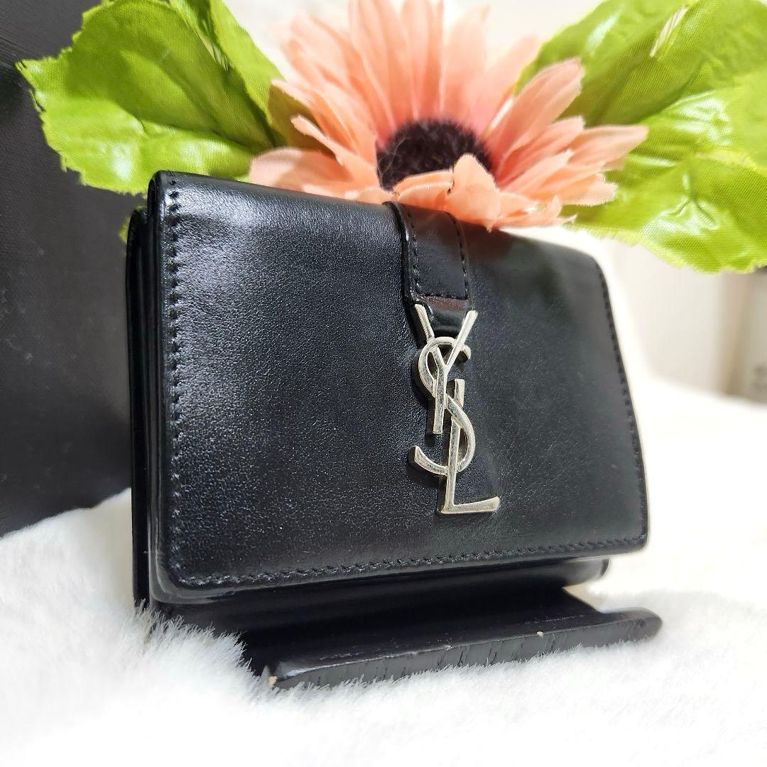 サンローラン　三つ折り　カサンドラ　ブラック　レザー　YSL シルバー金具