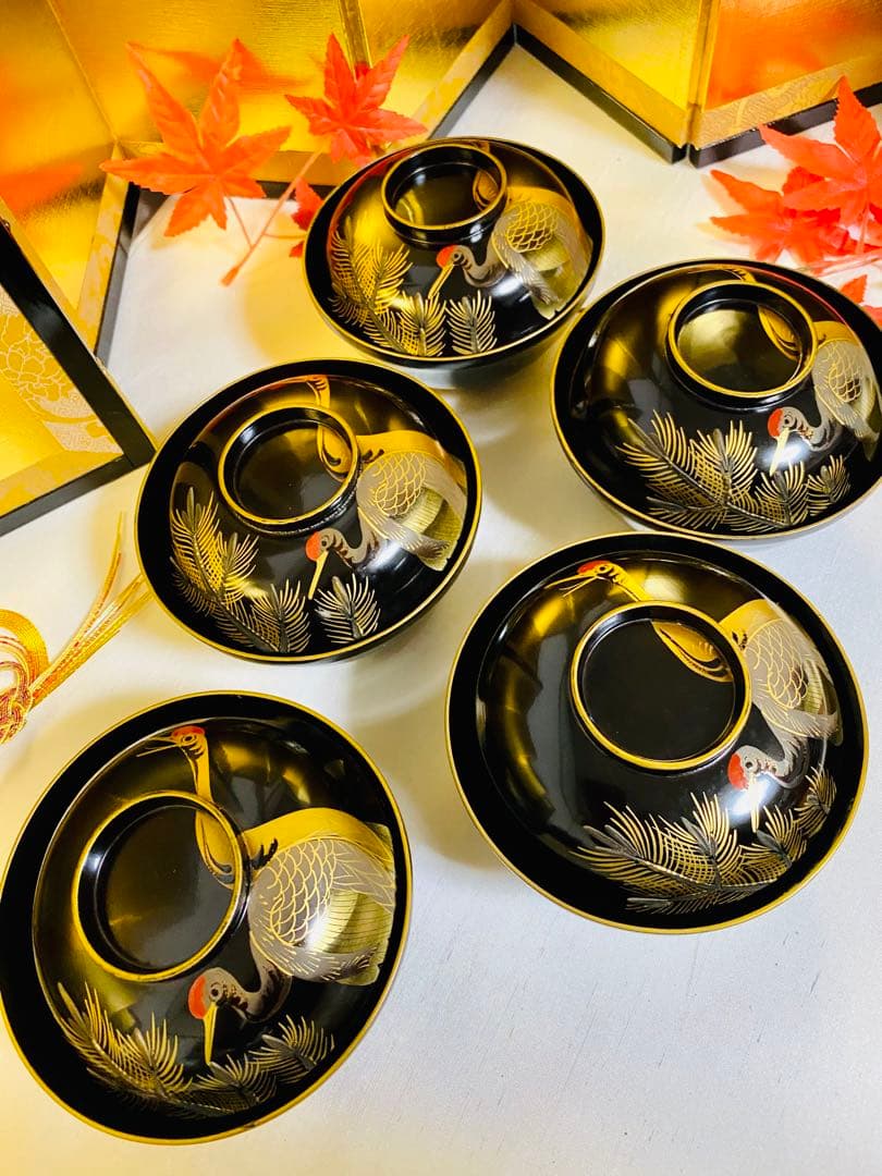 輪島塗木製　お椀　吸物椀　骨董　時代蒔絵 縁起鶴　お正月の用意に☆5脚G30 ⓶