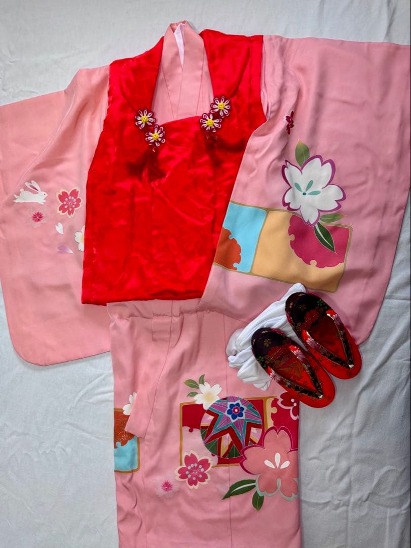 七五三 絹 赤とピンク 着物セット 5歳 3歳