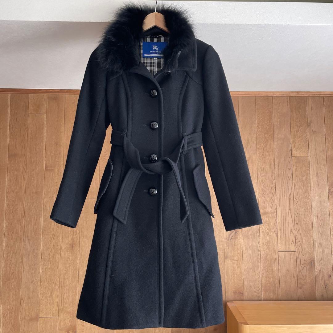 バーバリーブルーレーベル フォックスファー　ベルト　付き ロングコート 黒.