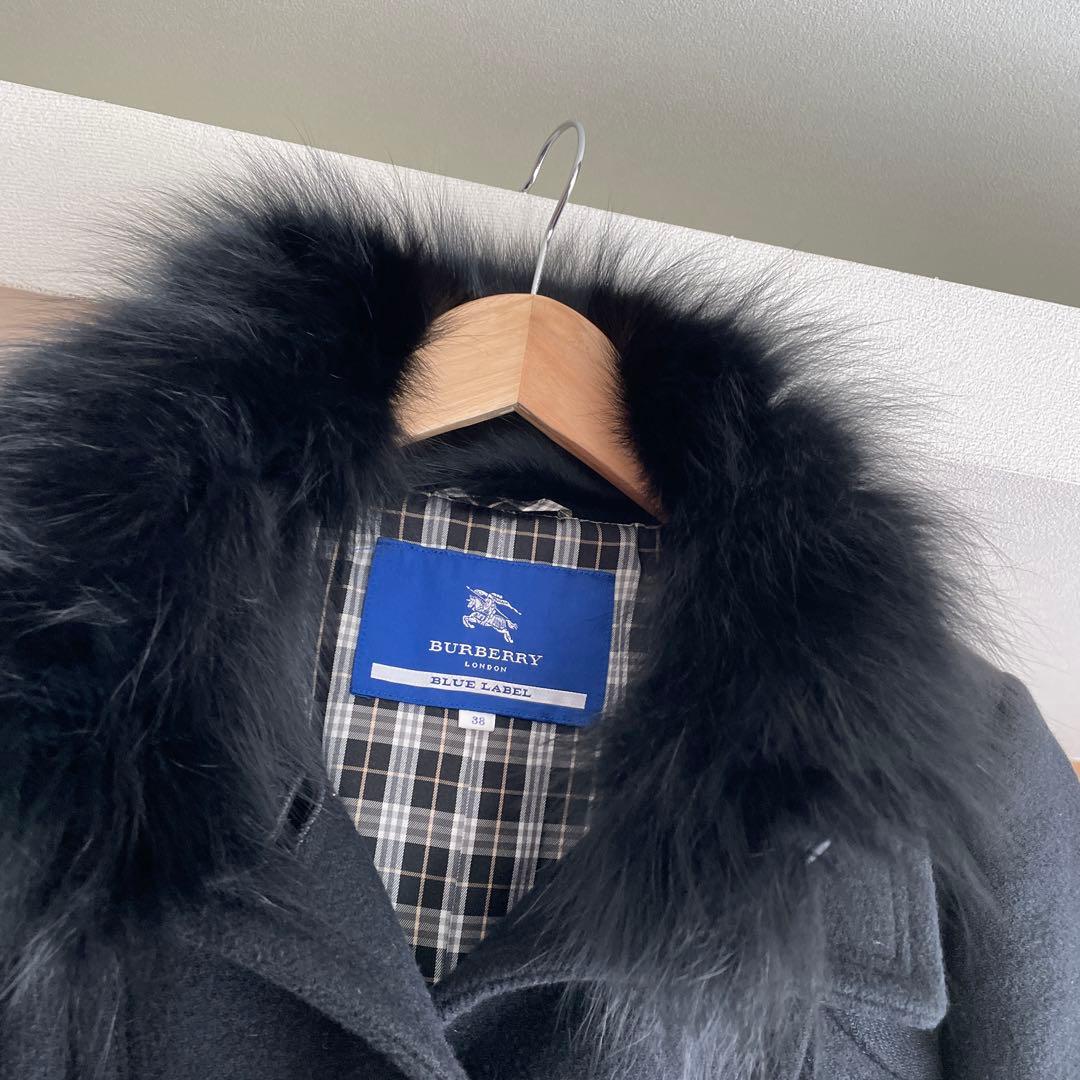 バーバリーブルーレーベル フォックスファー　ベルト　付き ロングコート 黒.