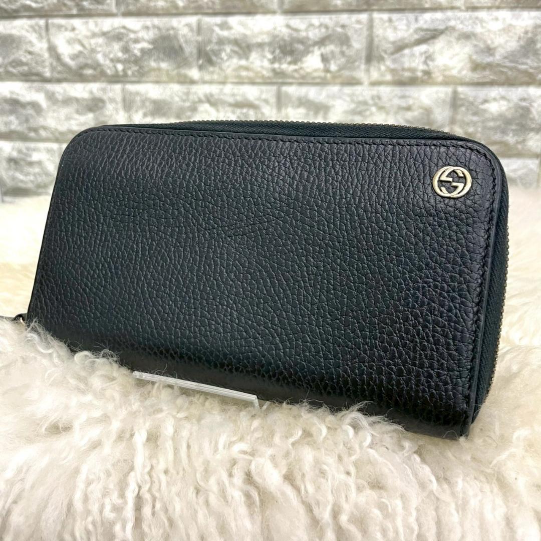 GUCCI　グッチ　インターロッキング　ラウンドファスナー　長財布　ブラック