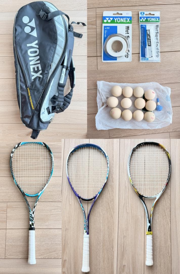 M*e様 ソフトテニス ラケット3本+ラケットバッグ+ボール12個+グリップテー