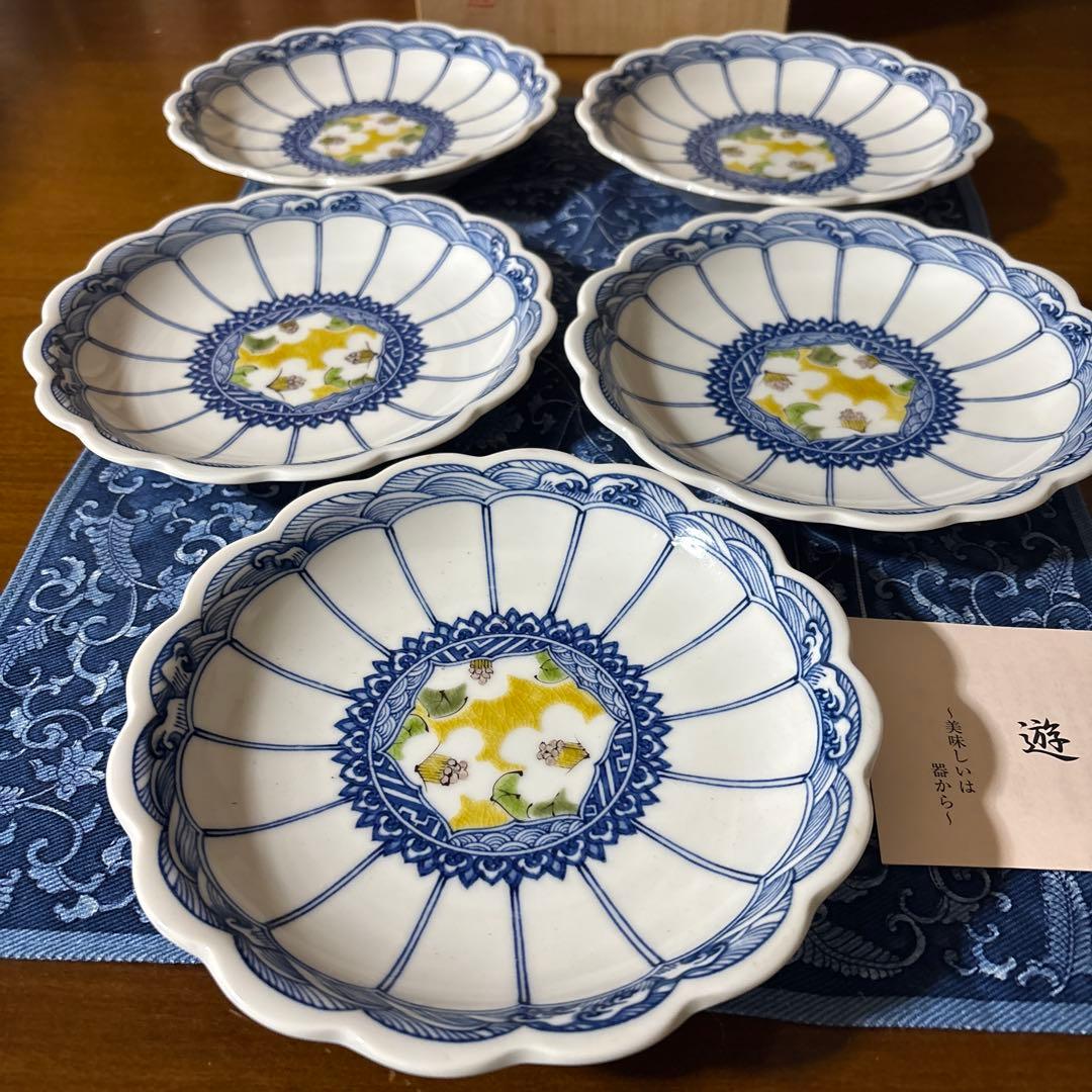 九谷焼　遊　工房色絵 遊　小高裕子さん　作家　菊割　中皿5枚