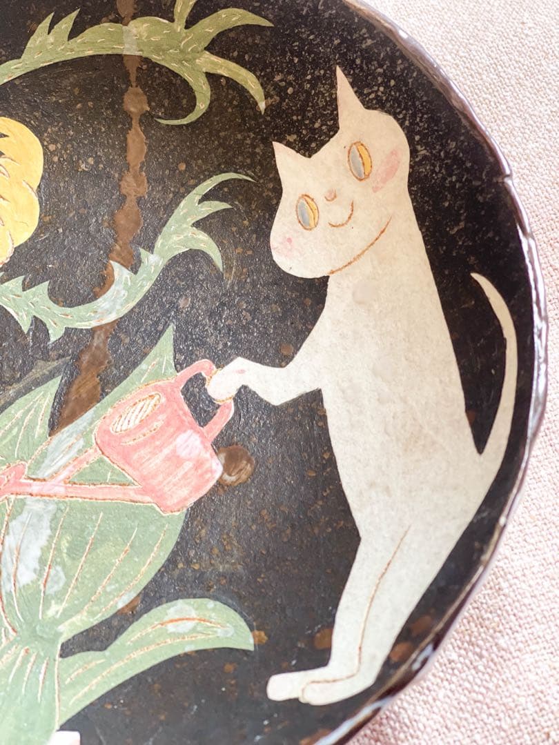 鹿児島睦 猫と花植物 皿 プレートボウル 約19.5cm