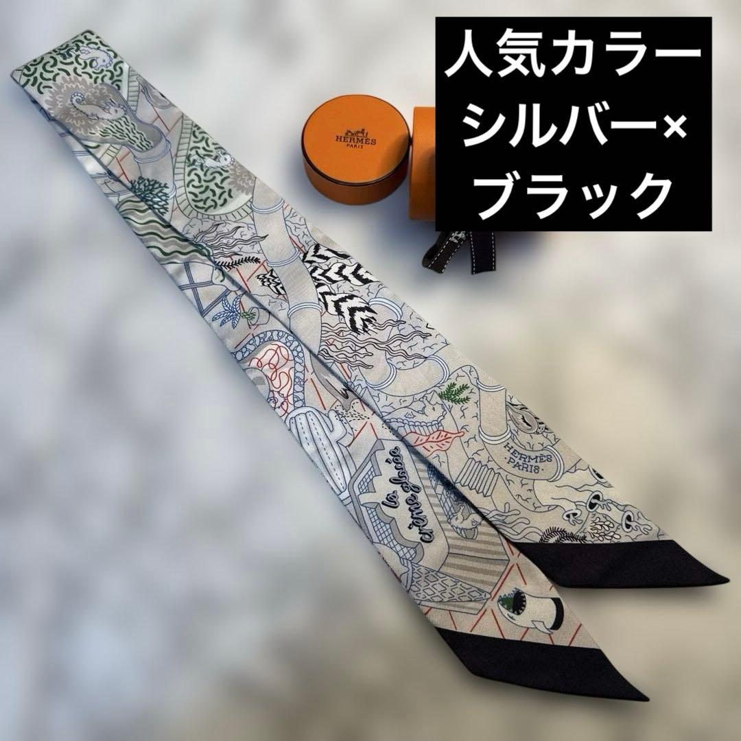 人気シルバー✨HERMESエルメス　ツイリー　スプラッシュパーク　ブラック