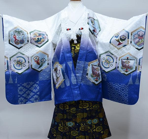 七五三 五歳 男児 羽織袴フルセット L寸 白地×青 袴変更可能 NO38731