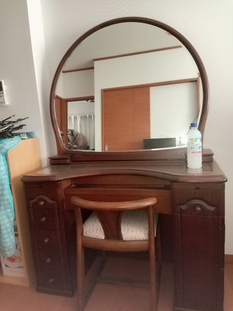 引取可★木製 高級ドレッサー 丸型大鏡　ブラウン