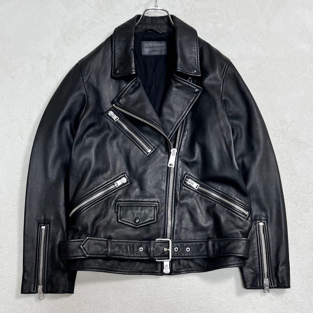 美品『オールセインツ』ダブルライダースジャケット レザー羊革 バイカー ベルト