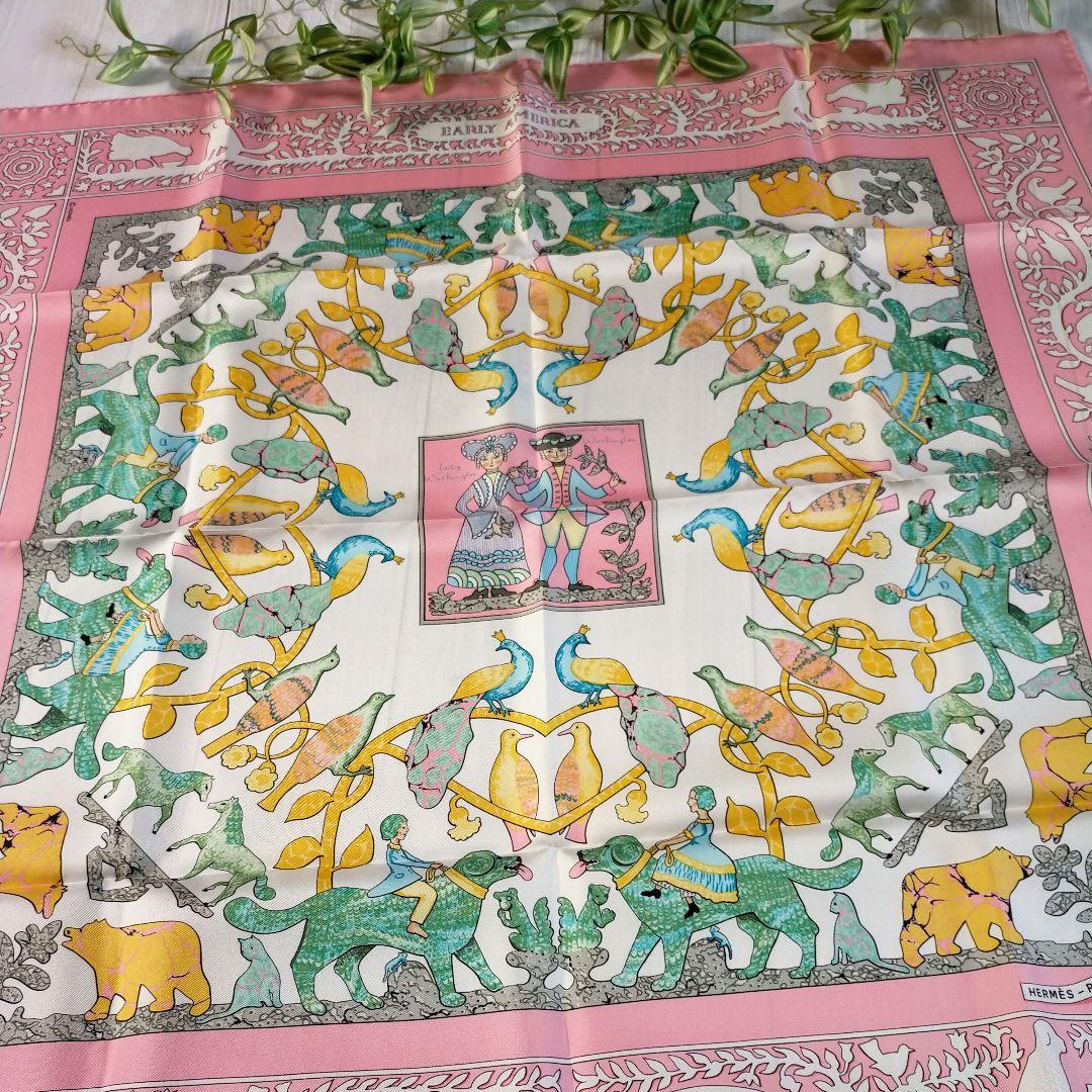 ☘️新品未使用 保存箱付☘️ HERMES カレ90　古き良きアメリカ　ピンク