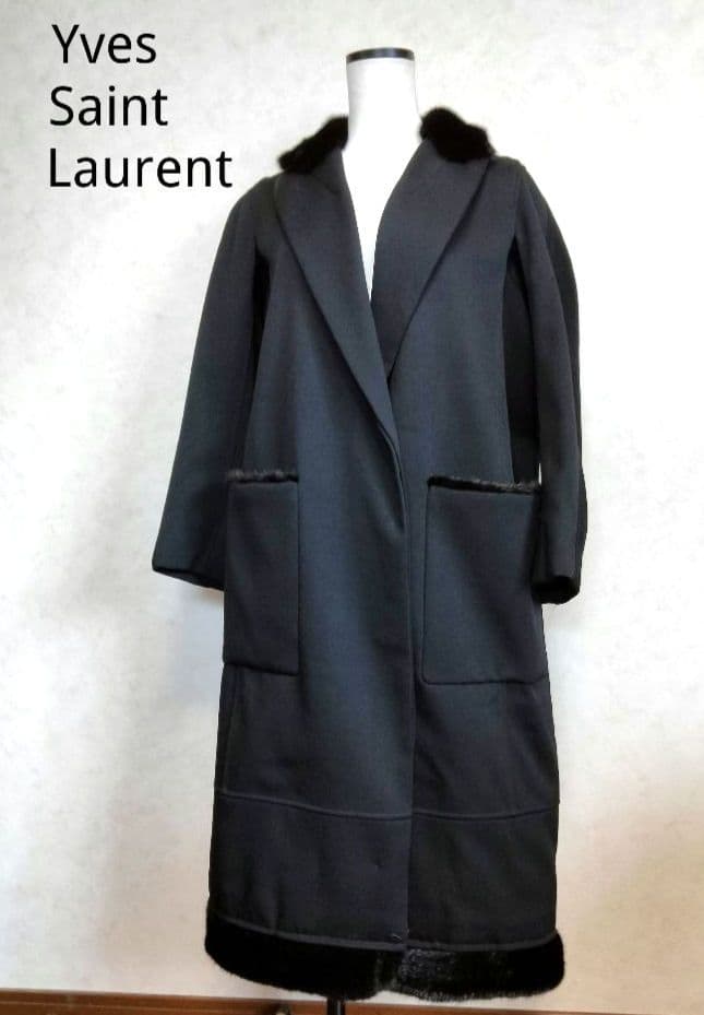 イヴサンローラン　ロングコート　ブラック　F36 ファー襟　ウール　レディース