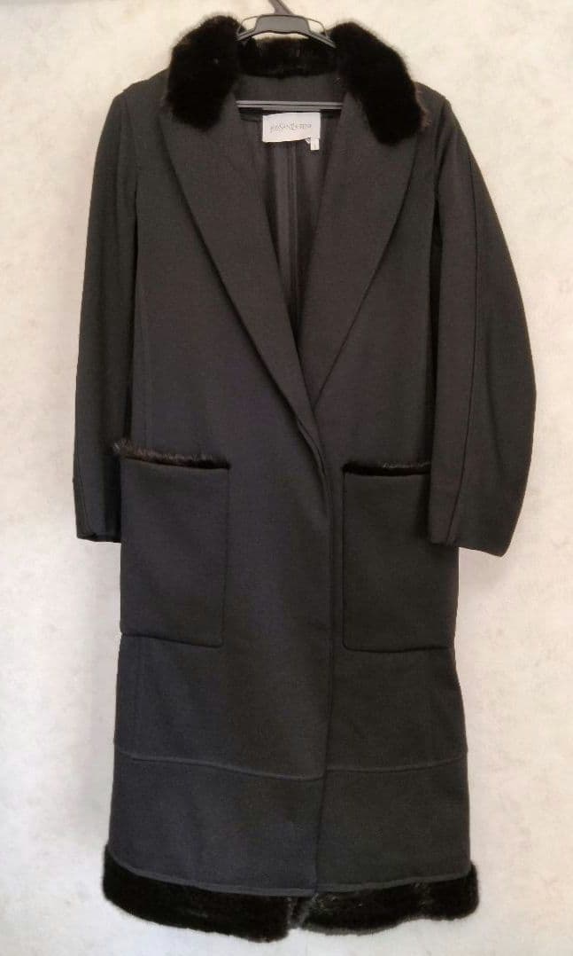 イヴサンローラン　ロングコート　ブラック　F36 ファー襟　ウール　レディース