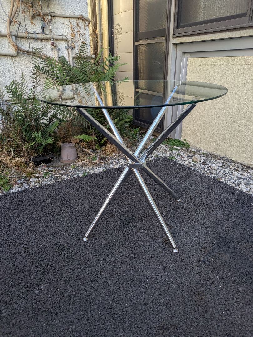 80sミッドセンチュリー円形強化ガラス天板 ダイニングテーブル 折りたたみ