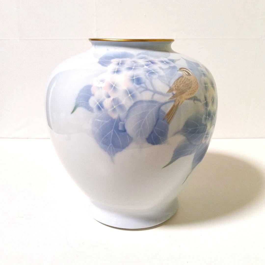 美品 有田焼 深川製磁 紫陽花小鳥文 花瓶 大型