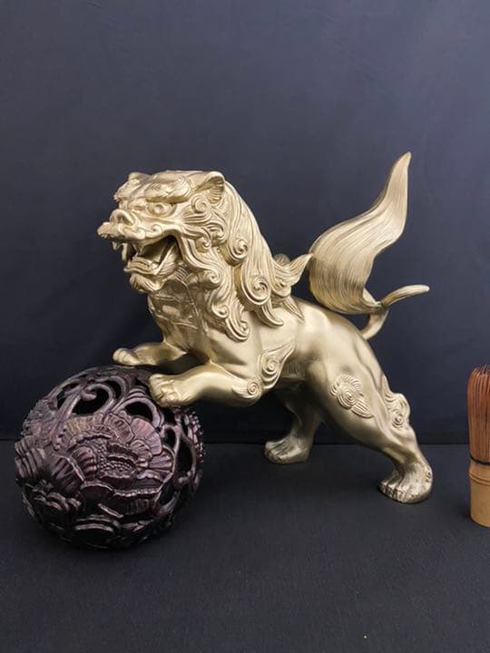 獅子 シーサー 玉 金属製 彫刻 置物 開運 風水 骨董 古美術 インテリア