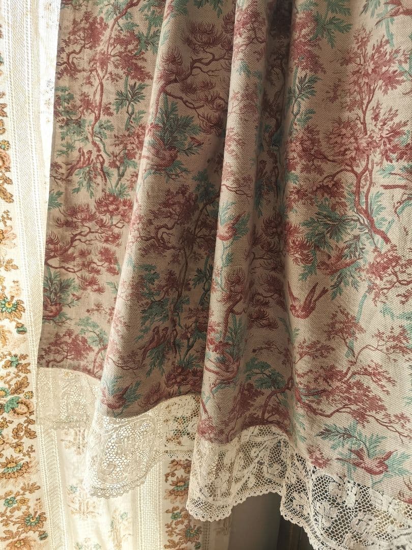 アンティーク 1880年代トワルドジュイ鳥達の森 ミラネーゼレース装飾カーテンβ