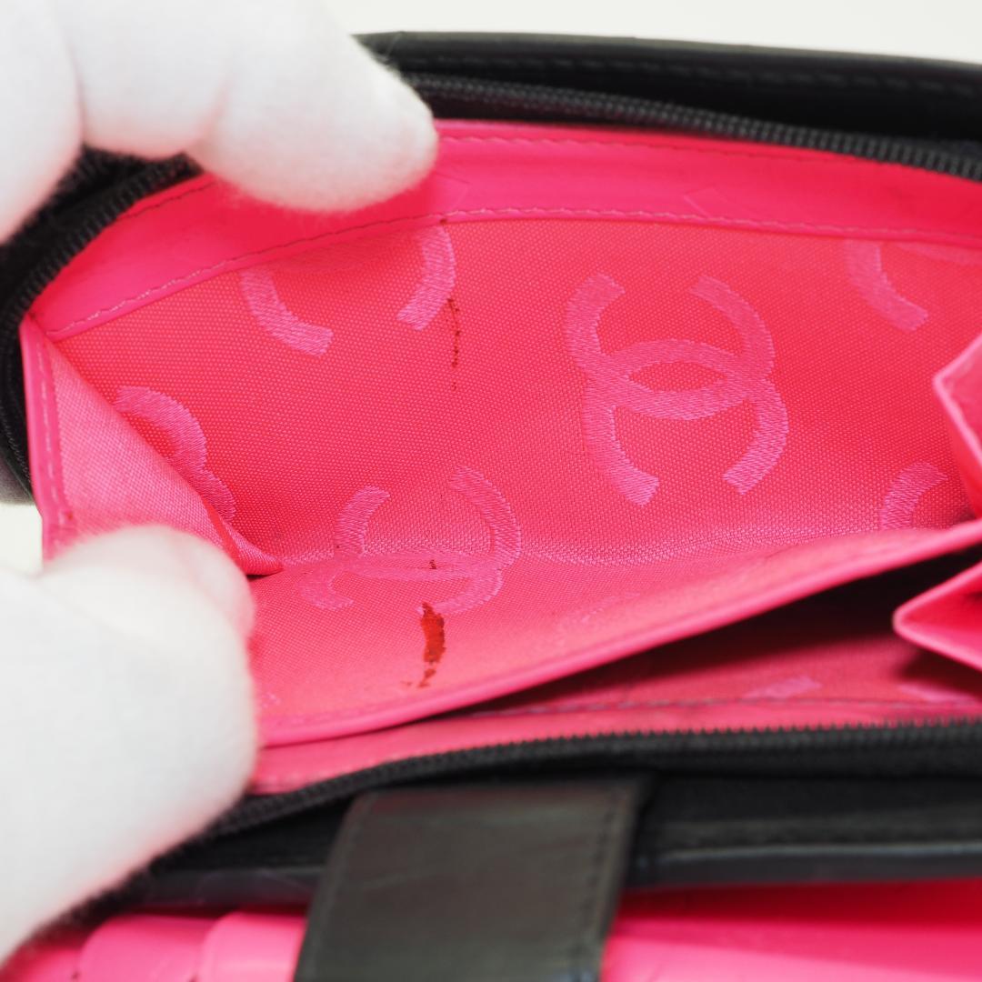 CHANEL シャネル カンボンライン ミドル 2つ折り財布 黒×ピンク
